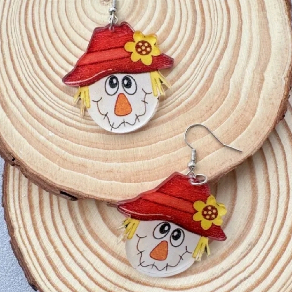 Kids Scarecrow Earrings with Red Hat and Yellow Flower